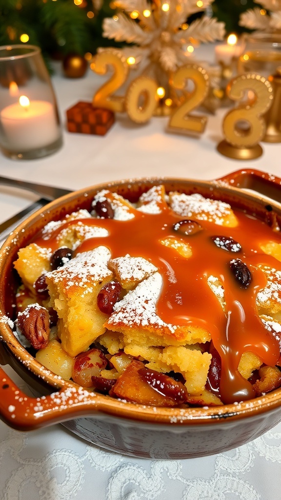 A delicious bread pudding with raisins and nuts, dusted with powdered sugar, on a festive table.
